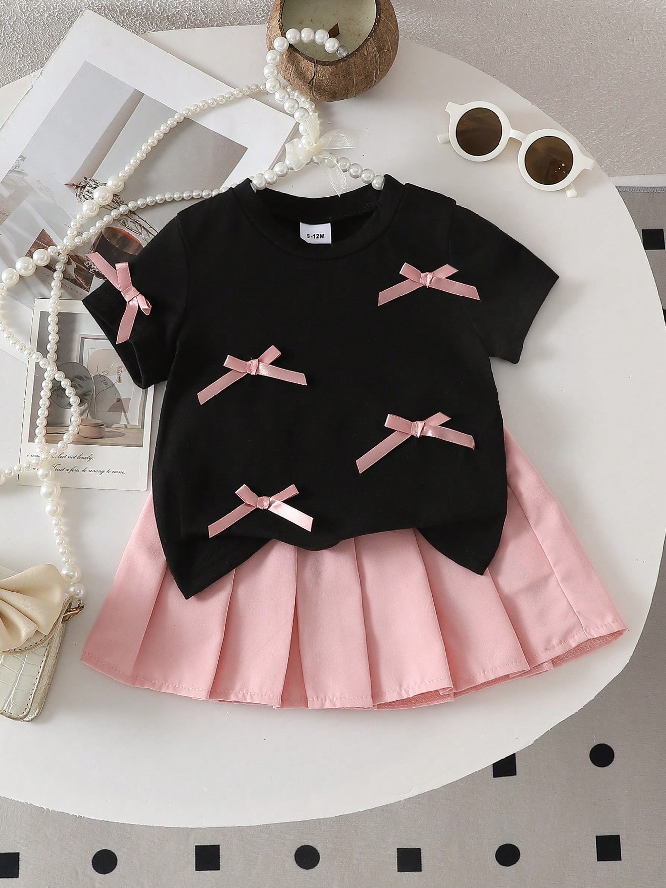 Outdoor Adventure Girls - Tweedelig 3D-bow casual T-shirt en geplooide